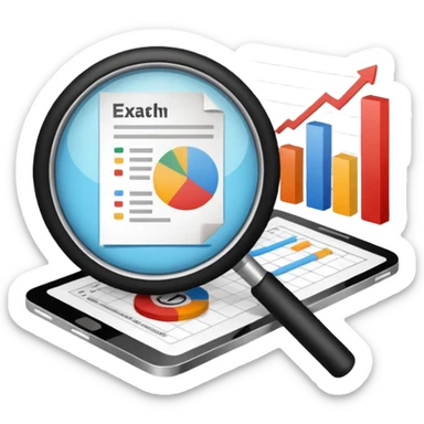 Checking and auditing estimate documents with search icon and infographic chart sticker