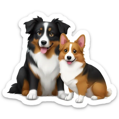 Black try Australian shepherd, and tri color corgi sitting next to each other  sticker