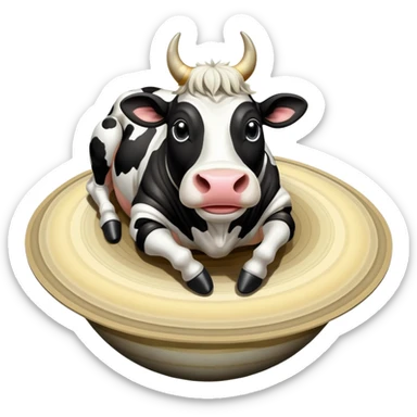 A black and white spotted cow head on top of the planet Saturn with its rings, and enormous human feet wearing shoes supporting the whole structure sticker