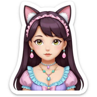 Gorgeous spectacular epic realistic mature anime-styled smooth soft shiny romantic pastel anime style lady with blushing cheeks, cat ears, long beautiful luscious stylish hair, big pretty eyes, dark-brown hair, colorful pastel Lolita dress, necklaces, jewels sticker