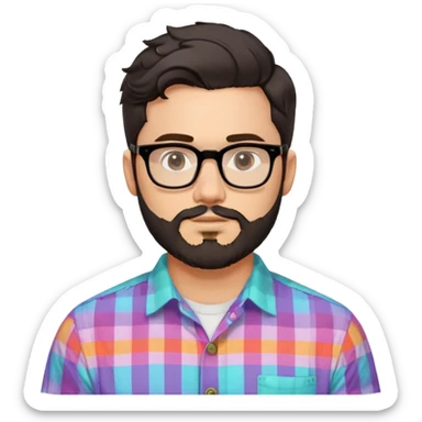 a 30-year-old man with light skin, medium solid build, wide face, soft cheeks, rounded jawline, neutral relaxed expression, short dense full beard, wavy voluminous brown-black hair at the front, large rectangular black thick frame glasses, colorful button-up shirt open showing white t-shirt sticker