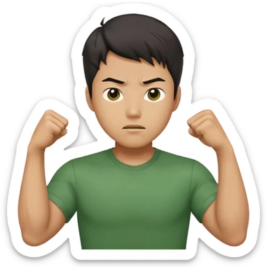 A determined Korean man in a green shirt, clenching his fist with a confident expression. Emoji-style digital illustration sticker
