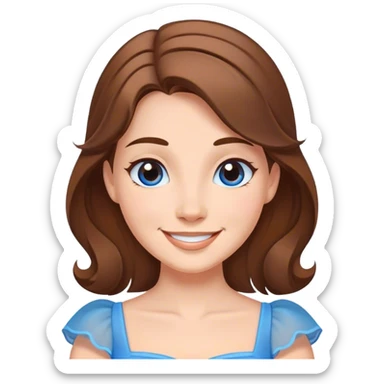 Cinematic Radiant Belle Portrait Emoji, rendered in a realistic, vector style with clean proportions. Show Belle with a warm, welcoming smile, delicate fair skin, and elegantly styled brown hair, wearing her timeless blue dress. The image radiates a soft, enchanting glow, high shine, and is enhanced by a soft glowing outline that accentuates her gentle charm. sticker