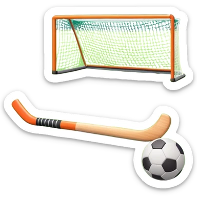 A field hockey stick and ball on a vibrant green grass field, with goalposts and clear field markings in the background. The scene emphasizes the bright, lush grass, highlighting the fast-paced and strategic nature of hockey on a well-maintained pitch. sticker