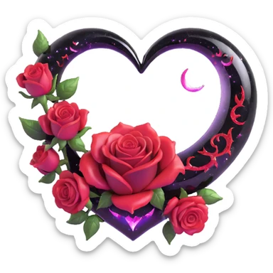 gothic heart made of obsidian glass, silver crescent moon, crimson roses, holographic stardust, neon red lightning, wet and cracked glass sticker