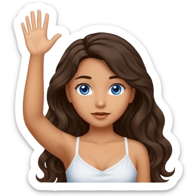 Girl with olive skin, blue eyes, brown dark insanely wavy long hair, white camisole, raising hand sticker