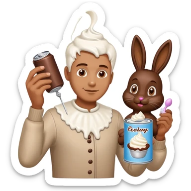 Man putting whip cream from a can on a chocolate Easter bunny  sticker
