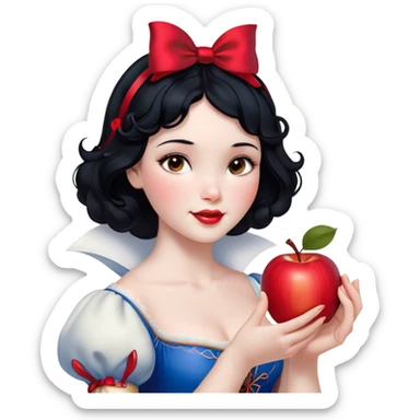 Cinematic Realistic Snow White Portrait, depicted with lifelike skin texture, soft natural lighting, and intricately detailed black hair styled with a red ribbon. Her soft brown eyes radiate innocence and kindness, complemented by a warm, gentle smile. She holds an apple in one hand, her other hand resting against her cheek, embodying her purity and charm. She is dressed in her classic yellow, blue, and red gown, the fabric rich in texture with delicate folds that catch the light beautifully. The portrait features a soft, natural glow with a radiant finish, capturing the essence of timeless beauty in a realistic and painterly style. sticker