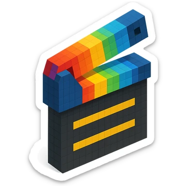 voxel style movie clapperboard with rainbow stripes, isometric view sticker