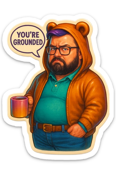 A realism art illustration art style of a plus-sizes man with purple to green ombre streak, black beard, blue eye, glasses, wearing a bear hoodie with ears,  dressed like a dad, holding a coffee mug, You’re grounded speech bubble, frowning  sticker