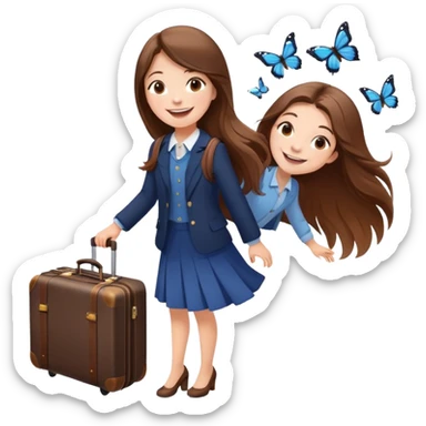 Excited smiling sweetly 🥹🥰🦋 Girl with long brown hair with a suitcase, ready for travel, passport in hand and butterflies around her elegant sticker