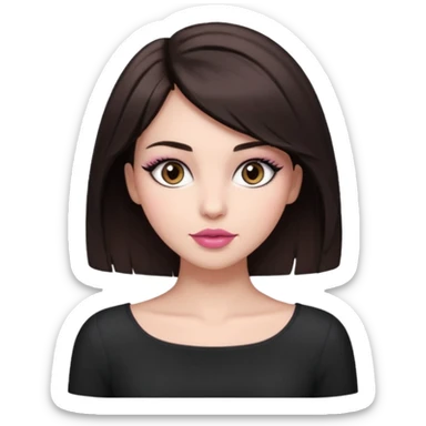 my hair is dark brown almost black, reaching my waist. the haircut is wolfcut, pretty lasher hut not thick. slightly pink lips. sticker