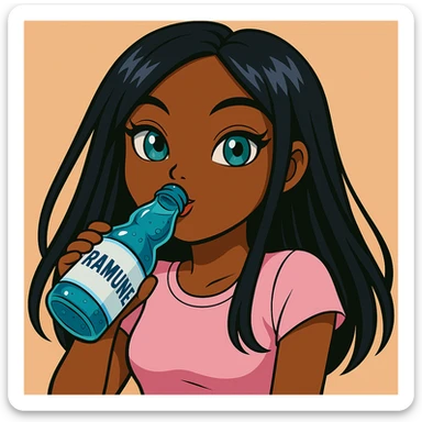 Change her pose to drinking blue Ramune soda from the classic glass bottle, headshot only, 20-year-old anime Bratz style woman with dark skin, straight hair, trendy outfit, big expressive eyes, glossy lips, no hat, no tears, happy expression, both eyes open, looking straight ahead. sticker
