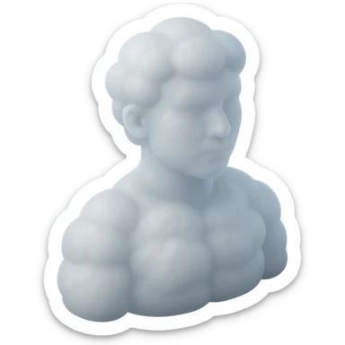 person looking straight, fully made of white fluffy convex clouds, shoulder up, matte glass style sticker