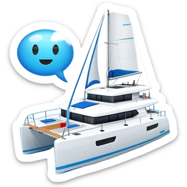 a lagoon 42 catamaran with no wording on the boat and an i message chat bubble icon coming out the top of the boat  sticker