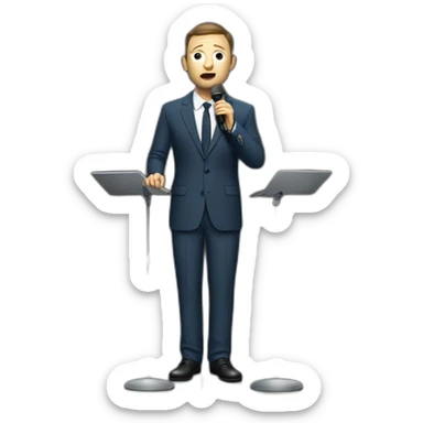 tim robinson in suit singing into microphone stand holding stand (full body, ios17, sad) sticker