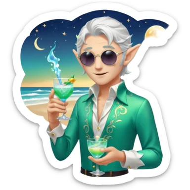 elf male bartender, flowing silver hair, pointy ears, unbuttoned iridescent silk shirt, summoning swirling glowing cocktail (teal and silver) in crystal flute with finger, moonlit beach backdrop, centered emoji, ethereal summer night, sticker style sticker