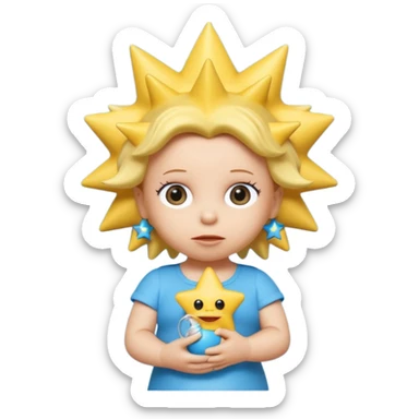 A 3D cartoon close-up of Maggie Simpson, baby from The Simpsons, rendered in Memoji-style with smooth yellow skin, spiky star-shaped hair, blue pacifier, and simple shading. Bright studio lighting, cinematic close-up framing consistent with Bart, Marge, Homer, and Lisa. sticker