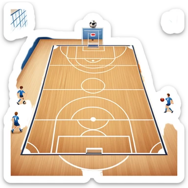 A mini-football match in an indoor sports hall with a wooden floor and clear court markings. The scene captures players in action, with the ball moving towards the goal, and the surrounding bleachers and overhead lights adding to the atmosphere of a competitive game. sticker