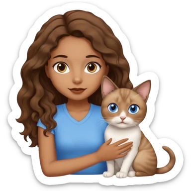 brown girl with wavy hair, brown eyes, sitting with a siamese cat and a white cat, emoji style sticker