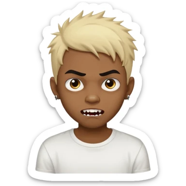 Black Male Teenager with Short punk messy blonde hair, Dark brown bushy eyebrows large expressive golden-brown eyes, wearing a plain white t-shirt, Dark Brown skin color. vampire tooth sticker