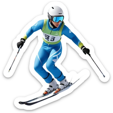 An icon featuring a skier racing down a snow-covered slope, surrounded by snowy peaks, pine trees, and a picturesque mountain landscape. The sky is blue with soft clouds, capturing the thrill and beauty of alpine skiing. Transparent background  sticker