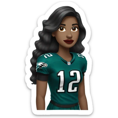 White female long dark hair red lips wearing Philadelphia Eagles jersey sticker