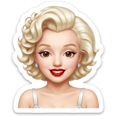 Cinematic Realistic Marilyn Monroe Emoji, featuring a glamorous, high-detail portrayal of the legendary Hollywood star. Her iconic platinum curls, radiant smile, and signature red lips are illuminated by dramatic, vintage-style lighting, evoking the timeless allure of classic cinema. sticker