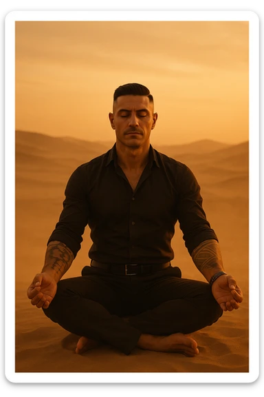 Man meditating alone in the desert at golden hour, sitting in a calm but grounded posture, radiating calm and powerful masculine energy. Minimalist surroundings, soft wind, dust in the air. Peaceful expression, symbolic of self-mastery and inner strength. Cinematic style. sticker