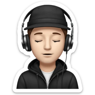 dj man white with baseball cap - rayban glasses - brown hair - closed eyes with headphones on with musical note over head (listening to music ) - eyes closed no glasses - black hat  musical notes floating around head - NO GLASSES sticker