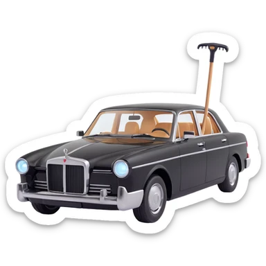 luxury black car resembling Porsche or BMW, with a hammer and a rod forming an X, floating and touching the rear right corner of the car's bodywork, a long rectangular reflection lamp illuminating the upper part of the door, elegant and modern sticker