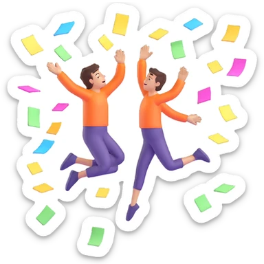 3D icon with a dynamic jumping person, multitasking, arrows in various directions, floating sticky notes, sparkles, vibrant lighting, bright and playful colors, planning concept sticker