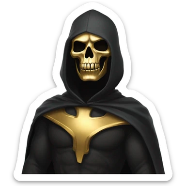 Bounty Hunter Boss with black cape and a gold skull jaw mask from death Stranding, full body view sticker