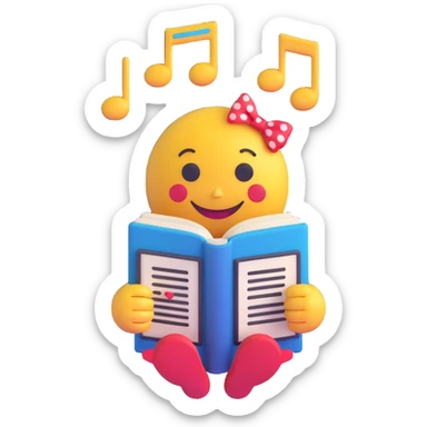 3D smiley emoji, large eyelashes, red polka dot bow, smiling, holding a book, floating musical notes beside, cute style sticker