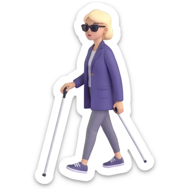 A blind person walking with a white cane, wearing sunglasses, outdoors, daytime. Focus on the cane and posture that indicates visual impairment. sticker