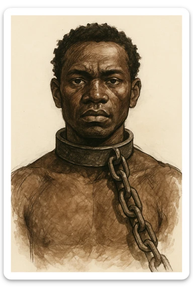 Сгенерируй мне в чуть рисованном стиле африканского раба, и на шее у него оковы с цепью, он смотрит четко прямо без эмоций. На белом фоне sticker