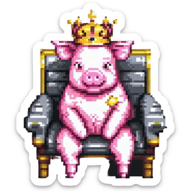 pixel art pig with a golden crown sitting on a throne, blocky and square like Minecraft, inspired by Technoblade sticker