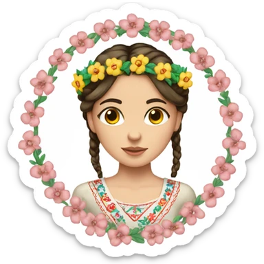 a brunette girl with a braid in a Ukrainian embroidered shirt and a wreath of flowers on her head sticker