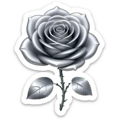 A rose emoji made of liquid silver metal, smooth metallic petals, reflective chrome surface, soft gradients, elegant shape, minimalistic iOS emoji style, centered, clean white background, realistic highlights, no text sticker