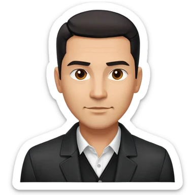 Attractive Hispanic TV host in his mid to late 40s with light brown skin, short straight black hair slicked back with fade on sides, square handsome face with strong jawline, friendly approachable expression, wearing open black jacket revealing white buttoned shirt underneath sticker