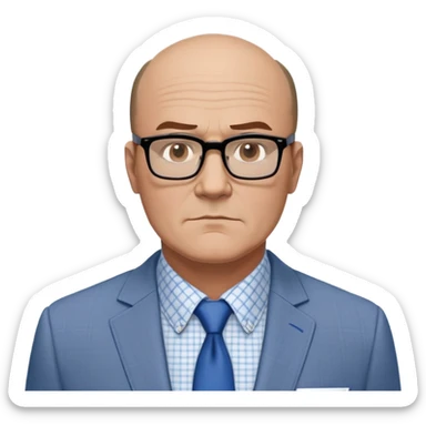 Larger 50-year-old man with extremely wide square face and big square jawline. Balding with hair on top but very little on sides. Large dark square-framed glasses. Serious expression. Wearing a light gray blazer that accommodates his bigger build, white button-up shirt with blue checkered pattern. sticker