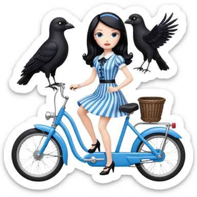 1920s coal hair Silkstone Marie Antoinette Barbie Wednesday Addams from academy in a blue and black vertically-striped classic dress. riding hot rod bikes with crows sticker