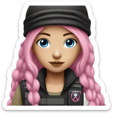 girl, white skin, tactical vest, dark pants, long pink hair, blue eyes, black beanie hat with crescent moon on front, black combat boots, gun sticker