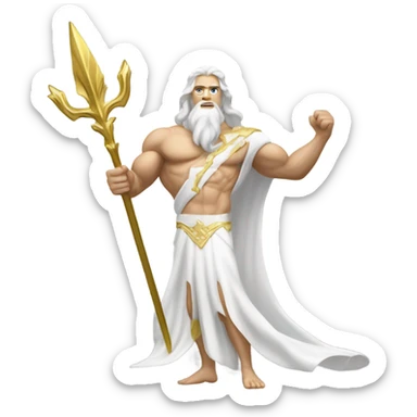 white Poseidon with gold Trident. long white hair white dress. show biceps muscle sticker