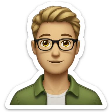 a boy with light brown hair, short on the sides and a little longer on top, round black glasses, a short but still visible beard. green eyes and hump on the nose. sticker