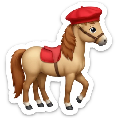 A cute pony (horse) emoji, full body, standing in side view, wearing a stylish red beret. sticker