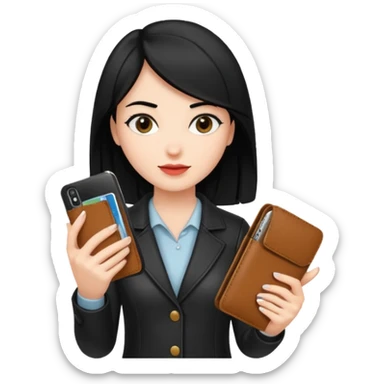 Mujer con cel y cartera  con el pelo negro y color de piel mas blanquita sticker