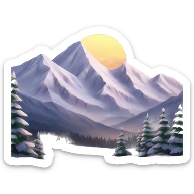 Snow capped mountains and pine trees sunset sticker