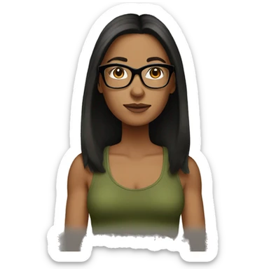 40 year old woman white with black straight hair with a olive green tank top with glasses tortoise  sticker