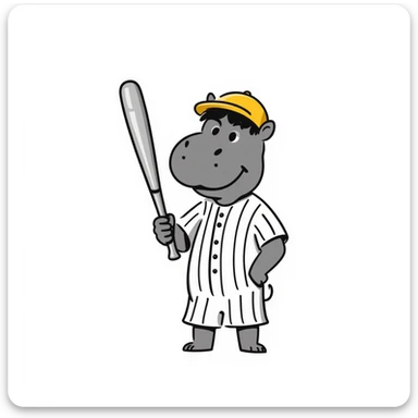 hippo holding a baseball bat, wearing a yellow helmet, pinstripes outfit sticker
